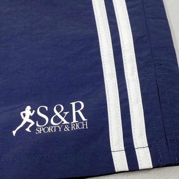 Sporty & Rich Women’s French Riviera Track Stripe Logo Shorts – Navy/White – XS - Picture 5 of 6